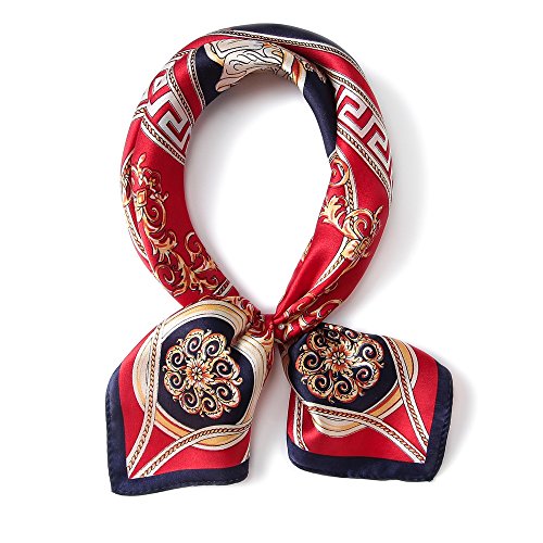 ANDANTINO 100% Pure Mulberry Silk Small Square Scarf -21'21'- Breathable Lightweight Neckerchief -Digital Floral Printed Headscarf (RED)