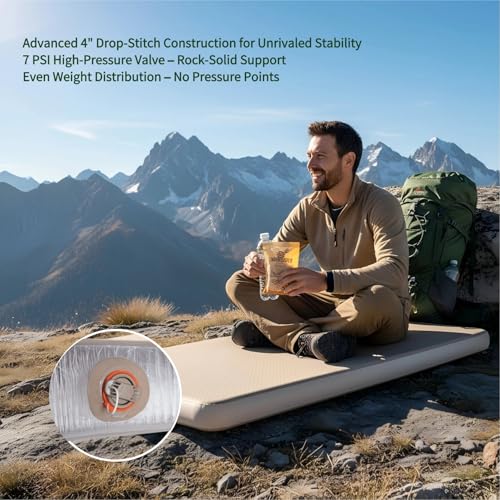 Freein Double Camping Sleeping Pad, 4" Thick Inflatable Mattress with Drop-Stitch Technology, Portable 2-Person Sleeping Mat (11 lbs) with Hand Pump for SUV, Tent, Truck, Backyard & Beach - 76" x 51"
