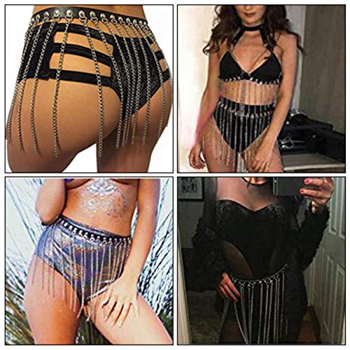 RARITYUS Women Sexy Rave Punk Waist Body Chain Harness Garter Belt Adjustable with Metal Chain Tassel for Party Festival Costume