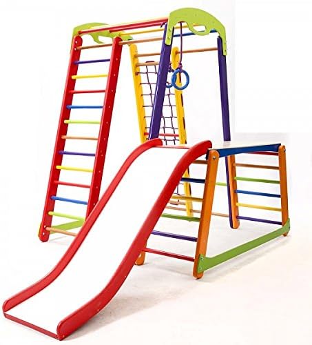 Kids Home Wooden Playground with Toboggan ˝Junior-Color-Plus-1-1˝, Climbing net, Rings, Swedish Ladder