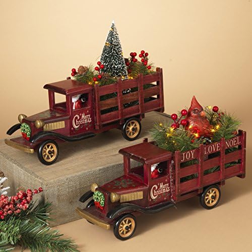 Wooden Trucks Hauling Christmas Tree and Cardinal Figurine Set with 15 Energy Efficient LED Lights