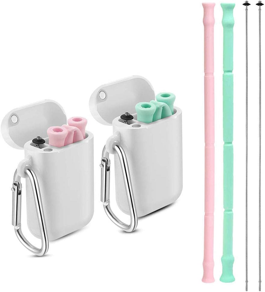 Yoocaa Reusable Silicone Collapsible Straws - 2 Pack Portable Drinking Straw with Colorful Carrying Case and Cleaning Brush, BPA Free - Pink Green