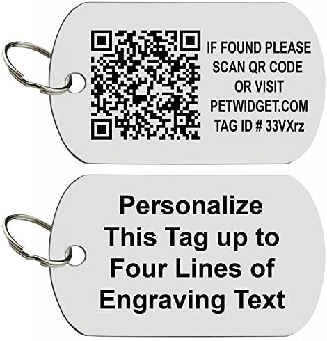 Pet Widget Stainless Steel Pet ID Tag Personalized on Front WEB/GPS QR CODE ENABLED Smart Tag on Back 2 IN 1 Traditional + Smart Pet Tag (Regular, Smart Military)