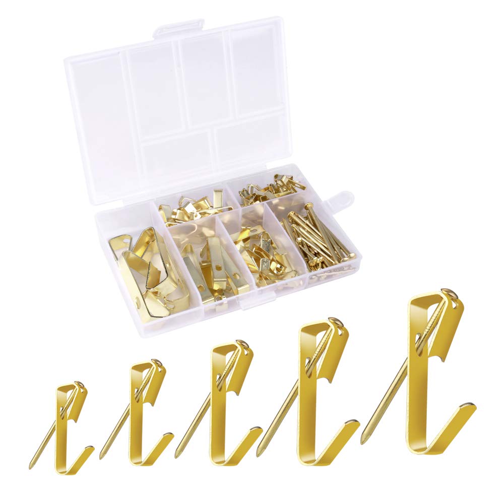 Picture Hangers with Nails 10, 20, 30, 50, 100lbs Heavy Duty Photo Frame Hooks Professional Picture Hanging Kit on Wooden/Drywall Hanging Hardware for Office Home Canvas Pictures Clock Mirror (Golden)