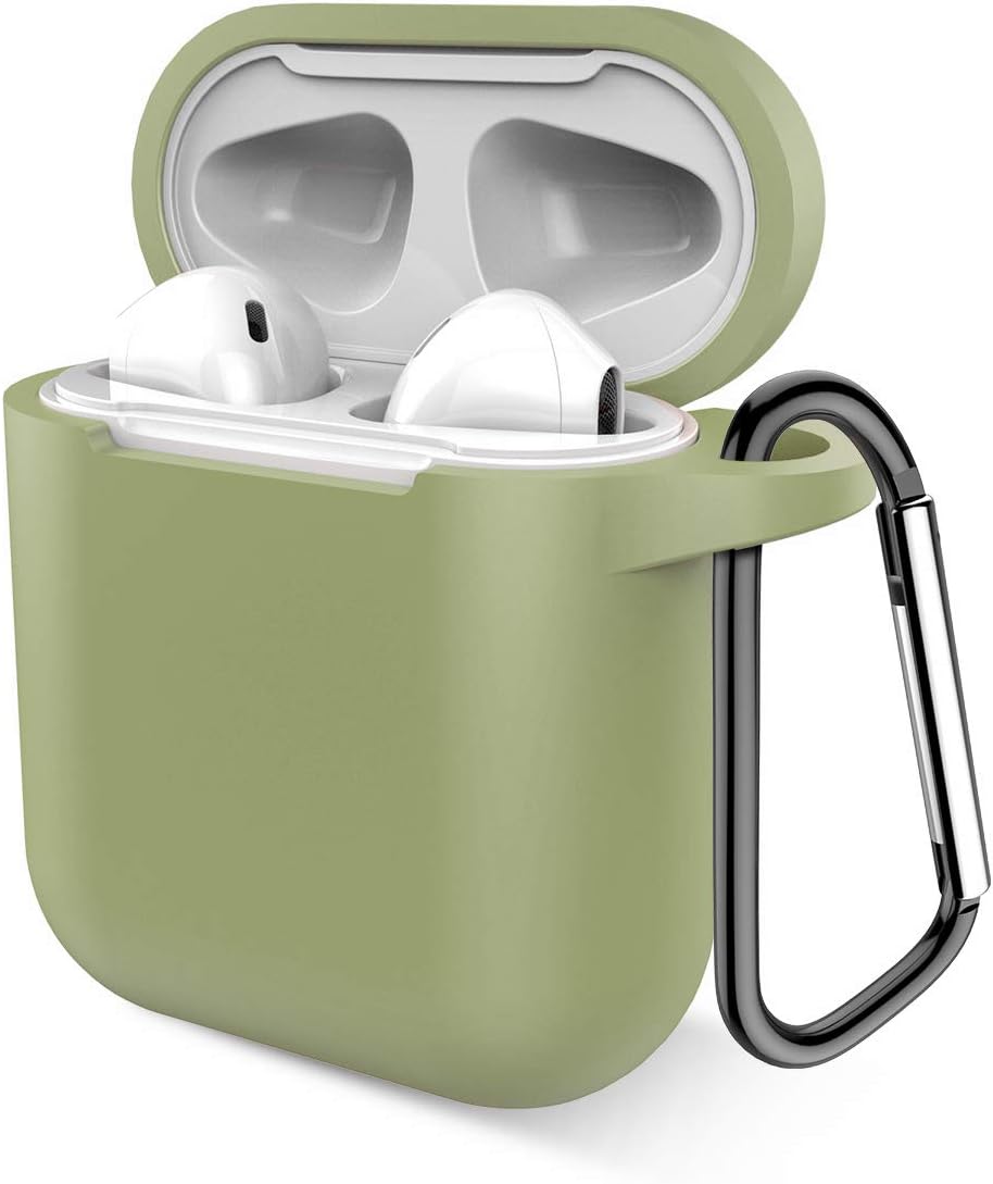 Airpods Case, Music tracker Protective Thicken Airpods Cover Soft Silicone Chargeable Headphone Case with Anti-Lost Carabiner for Apple Airpods 1&2 Charging Case (Greyish Green)