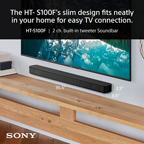 Barra de sonido Sony S100F de 2.0 canales con altavoz Bass Reflex, tweeter integrado y Bluetooth (HTS100F), fácil configuración, compacta, para uso en la oficina en casa con sonido claro, negro