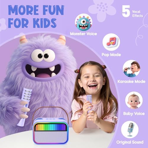 Karaoke para Niños y Adultos, Juguetes para Niñas de 3 a 12 Años, Regalos de Cumpleaños, Altavoz Bluetooth Portátil con 2 Micrófonos, Regalos para Niñas, Fiestas Infantiles, Navidad (Morado)
