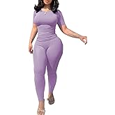 PINSV 2 Piece Sets for Women Summer Casual Jogger Workout Outfits Fitted Crew Neck T-shirt High Waist Legging Sets