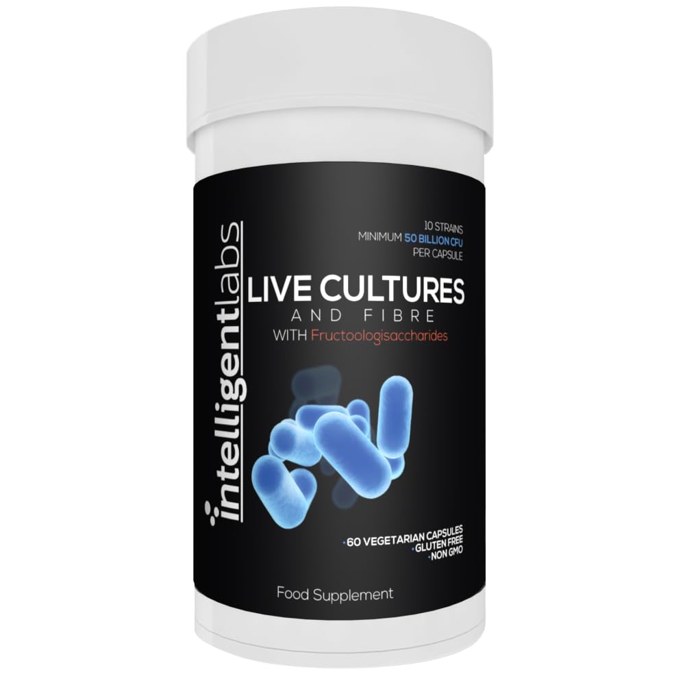 50 Billion CFU Intelligent Labs Probiotics and Fibre, No Refrigeration Needed, with Partially hydrolyzed guar Gum & Fos, 60 Day Supply Per Bottle