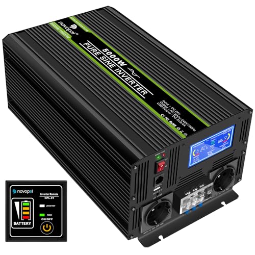 NOVOPAL Pure Sine Converter 5000W 10000W Inverter 24V 220V | 5 m Remote Control with Error Codes, 2 EU Sockets, LCD Screen, for Car, Caravan, Boat, Camping, Travel
