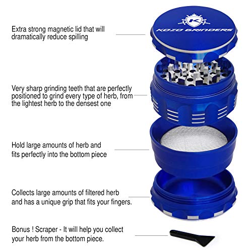 Kozo Best Herb Grinder [Upgraded Version]. Large 4 Piece, 2.5" Blue