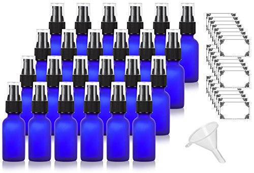 1 oz/30 ml Frosted Cobalt Blue Glass Boston Round Black Treatment Pump Bottle (24 pack) + Funnel and Labels for cosmetics, serums, beauty oils and blends, aromatherapy, cosmetic food grade, bpa free
