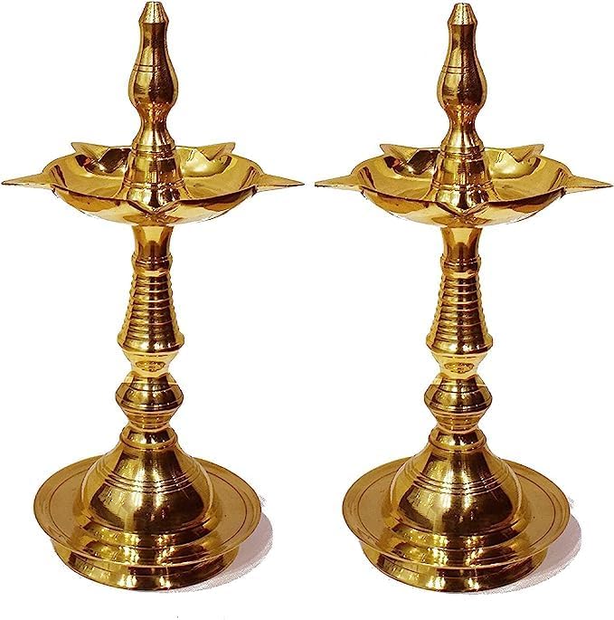 Oil Lamps & Accessories - SATVIK 7 Inch Standing Brass Metal Kerala Samai Diwali Deepak for Puja Traditional Panchmahal Pooja Deepam Diya Oil Lamp Kutthu Vilakku Dia Deepawali Indian Housewarming Return Gift Item (Pack of 2)