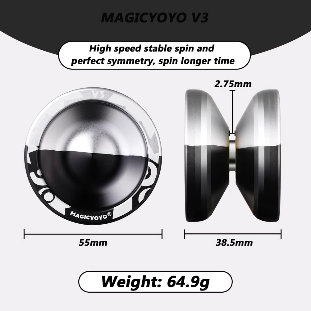 MAGICYOYO V3 Professional Responsive Yoyo, Metal Alloy Yoyo for Beginner Adults, Dual Purpose Yoyo with 12 Yoyo Strings + KK Bearing + Bearing Removal Tool + Axle + Storage Bag (Black-and-Silver)