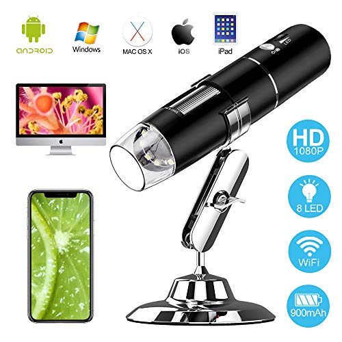 WiFi Digital USB Microscope, Loiion Rechargeable 2MP Camera Handheld Microscope, 50x to 1000x Magnification with Metal Stand for iPhone/iPad/Samsung/Windows/Mac and Smartphones,Black