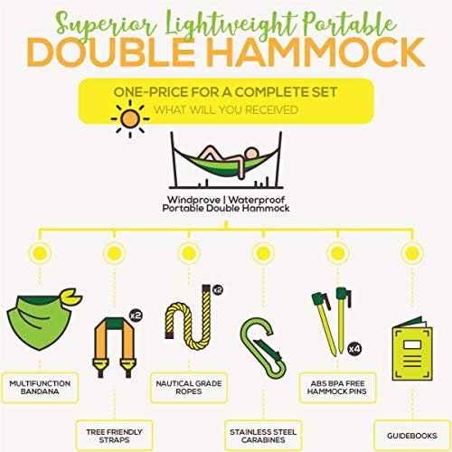Lazy Monk Camping Hammock | Portable Outdoor Folding Hamock for Travel & Backpacking | Double Two People 2 Person Hammock with Tree Straps | Hamaca para dos - Best Accessories Kit + Bandana