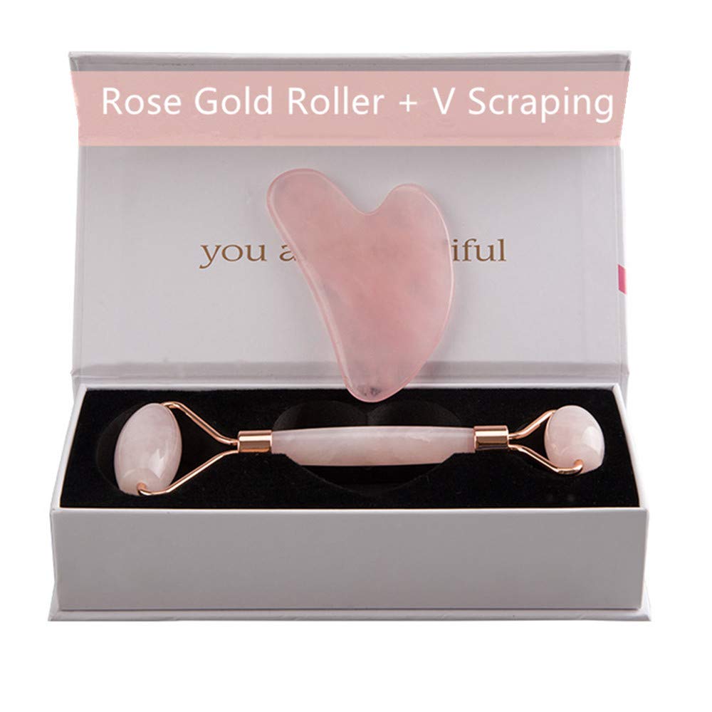 AITELEI Rose Quartz Jade Roller Facial Massager, 2-in-1 Roller and Gua Sha, Natural Anti-Ageing Tool, Gua Sha Scraping, Rolling, Scraping Therapy, Beauty Tool, Facial Massager