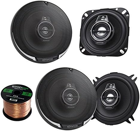 2 Pair Car Speaker Package Of 2x Kenwood KFC-1095PS 4" 3-Way Black Performance Series Black Flush Mount Car Coaxial Speakers + 2x KFC-1395PS 5 1/4 320-Watt Audio Speaker + Enrock 16g 50Ft Speaker Wire