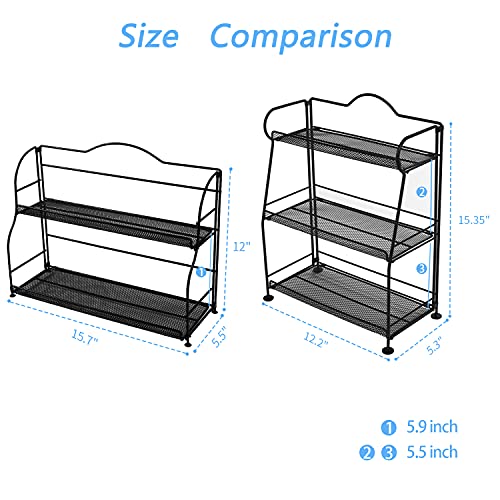 MRINDA Foldable 3 Tier Spice Rack Organizer for Cabinet, 2 Tier Metal Spice Holder Standing Shelf Storage With Guardrail for Kitchen Countertops Bathroom Office