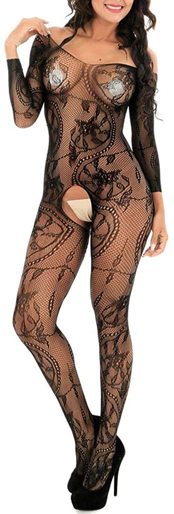 Czizi Women's Long Sleeve Hollow Out Body-Stocking Sexy Lingerie Fishnet Pantyhose Stockings (Black)