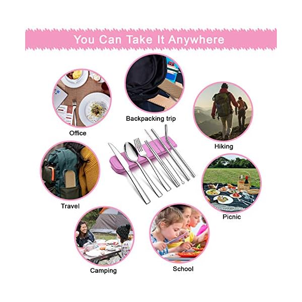 Suhsai-9-Piece-Portable-Stainless-Steel-Cutlery-Set-Steel-Utensils-Knife-Spoon-Fork-Chopsticks-Cleaning-Brush-Wheat-Straw-Box-CaseTableware-Camping-Picnic-Travel-Cutlery-Set-Pink Suhsai 9 Piece Portable Stainless Steel Cutlery Set, Steel Utensils Knife, Spoon, Fork, Chopsticks, Cleaning Brush, Wheat Straw Box Case,Tableware, Camping, Picnic, Travel Cutlery Set (Pink)