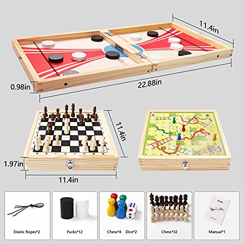 3-in-1 Chess Board Set, Foldable Large Size Sling Puck Game, Table Top Snake and Ladder Board Game, Foosball Winner Wooden Game Toy for Adults Kids Family