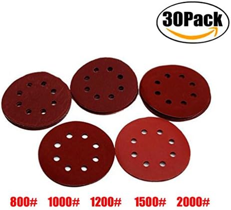 FBAPluto 30pcs 5 Inch Discs Pads 8 Holes Abrasive Sanding Discs Sanding Paper 800/1000/1200/1500/2000 Grit Sandpapers