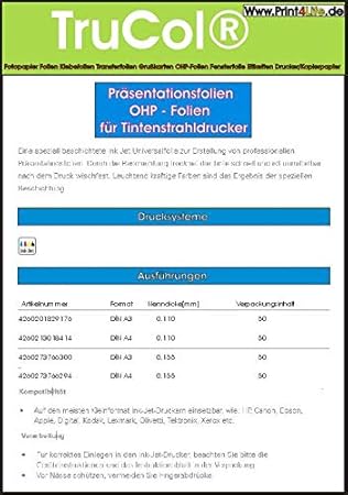 P4L - 50 hojas de transparencias over Head para proyector de ...