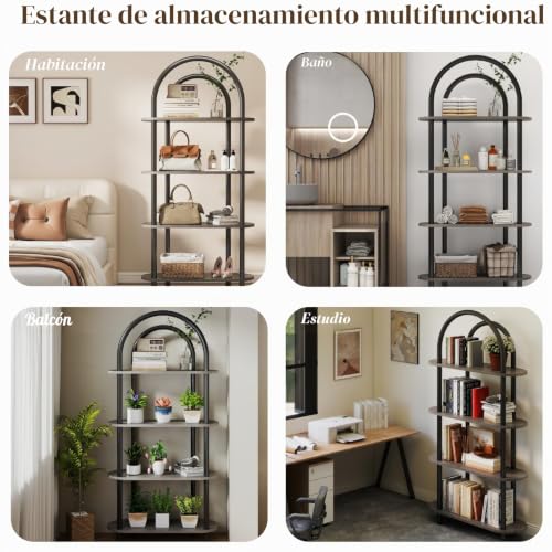 YOSHOOT 4 Tier Curved Bookcase with Metal Frame and Wooden Shelves 165cm High Ideal for Living Room Study Office 80 x 30 x 165 cm (Grey Oak)
