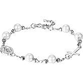 Rofusn Saint Benedict Rosary Cross Bracelet, Adjustable Stainless Steel Religious Catholic Link Chain Wristband for Men Womens