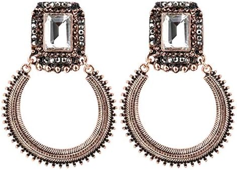 Vintage Luxury Earrings, Antique Rose Gold Plated Jewelry White Glass Black Crystal Punk Rock Earrings for Women