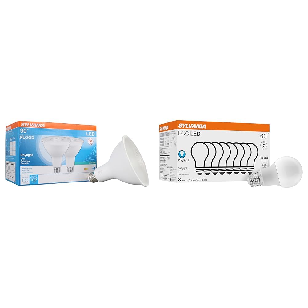 Sylvania LED Flood PAR38 Light Bulb, 90W Equivalent, Efficient 13W, 10 Year, 1175 Lumens, Medium Base & Sylvania ECO LED A19 Light Bulb, 60W Equivalent, Efficient 9W, 7 Year, 750 Lumens, Non-Dimmable Image
