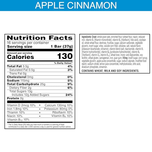 NUTRI-GRAIN BREAKFAST BARS, MADE WITH 10G WHOLE GRAINS, SNACK BARS, APPLE CINNAMON, 20.8OZ BOX, 16 COUNT (PACK OF 3)