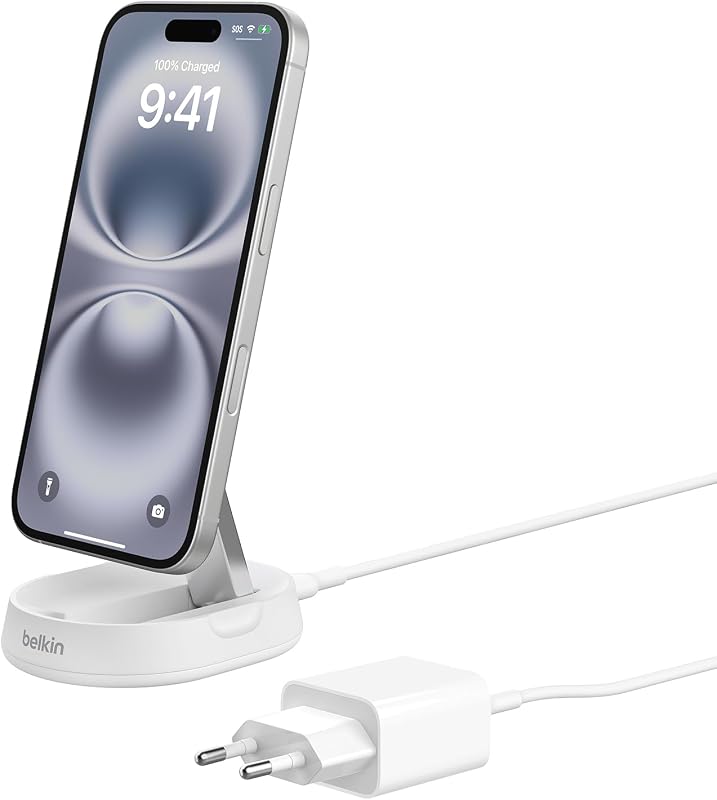 BoostCharge Pro Qi2 Carregador sem fios compatível com MagSafe, suporte de carregamento magnético conversível de 15W, para Apple iPhone 17, Air, Pixelsnap, AirPods, Adaptador de 20W - Branco