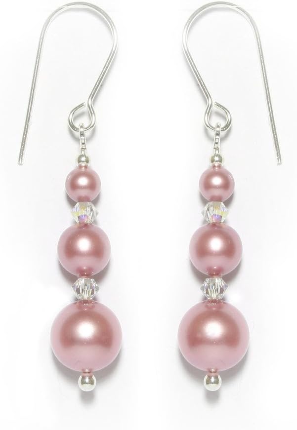 Sterling Silver Powder Rose Pink Pearls and Crystal AB Handmade Drop Earrings