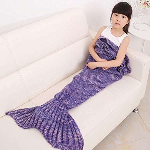 Handmade Knitted Mermaid Tail Blanket for Girls, Warm Crochet Sofa Quilt Living Room Blanket Perfect Christmas Gift (54"x26", purple)