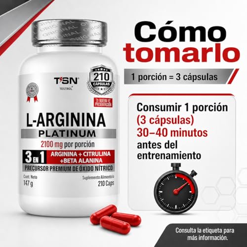 Arginina Platinum 2100mg por porción | L Arginina + L Citrulina + Beta Alanina | Pre Workout | Pre Entreno sin Cafeina | Precursor de Oxido Nítrico | Rendimiento y Energia | Testrol TSN (210 Cápsulas).