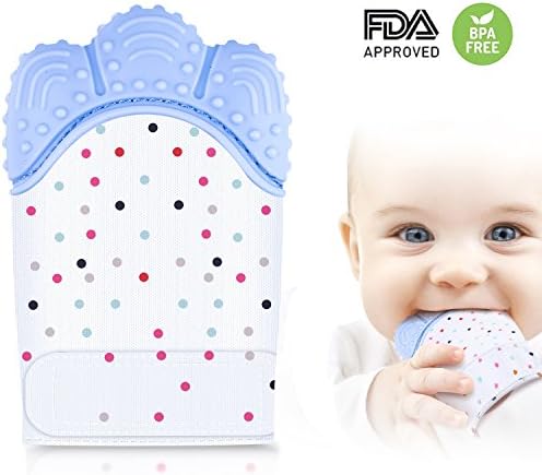 Teething Mitten - Silicone Teething Toys or Teething Ring Provides Self-Soothing Fun, Prevent Scratches Glove Stay on Baby's Hand (Blue)