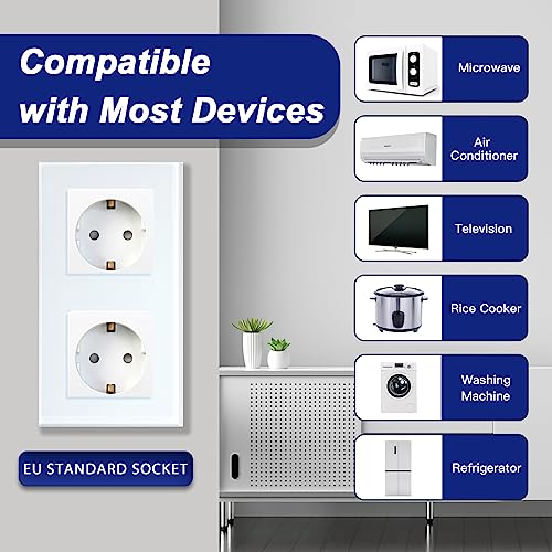 BSEED Wall Socket with Glass,Recessed Double Sockets,Power Outlet,Child Safety,Easy to Install,M Series,2 Sockets,157mm White