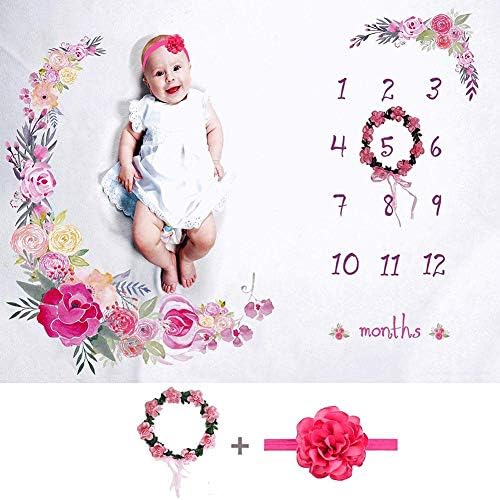 Seasaleshop Baby Monthly Milestone Blanket, Soft 100cm150cm Photography Background Blanket Baby Monthly Blanket Floral Wreath Headband.