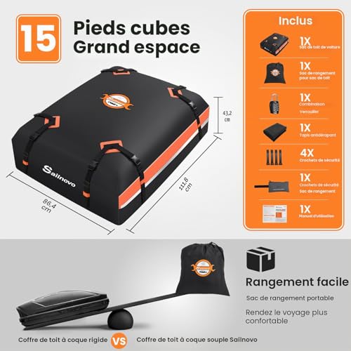 Sailnovo 425L 1000D PVC Waterproof Car Roof Box Car Roof Bag for Travel Weatherproof with Non-Slip Mat, 4 Door Hooks and Combination Padlock