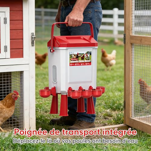 CHAMUTY Automatic Chicken Drinker 10 Litres with 8 Bowls, 8 Nipple Dispensers, Controlled Filtered Float, 1.5 m Stainless Steel Pipe, Automatic Chicken Water Dispenser for Ducks Geese