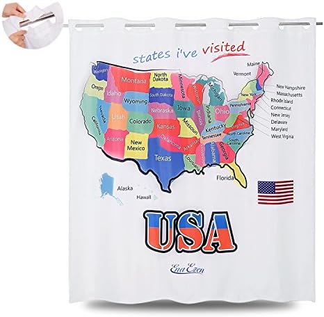 USA Map Shower Curtains White - EnaEzen Hookless Educational United States Fabric Shower Curtain Polyester for Bathroom (No Need for Hooks or Rings) 71 x 71 inches