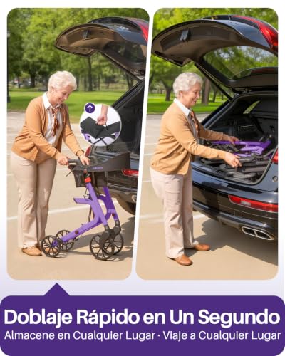Kekoy K2 Andador para ancianos con asiento plegable de aluminio, regulable en altura, 181 kg de carga, andadores adultos con cojín de asiento de 44 cm, respaldo y bolsa de almacenaje, morado