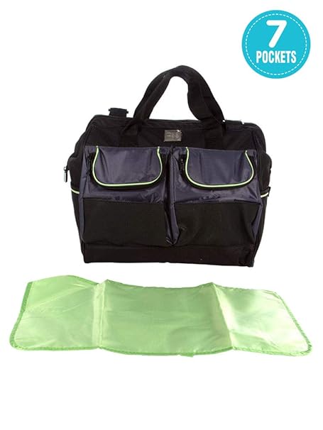 Mee Mee Compact Baby Diaper Travel Bag With Multiple Pockets (With Changing Mat, Black w/Green lining)