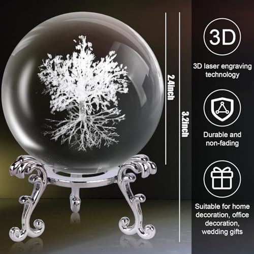 DomeStar Crystal Ball Tree of Life, Glass Sphere 3D Laser Crystal Ball with Stand for Birthady Gift Home Weeding Decor Crafts