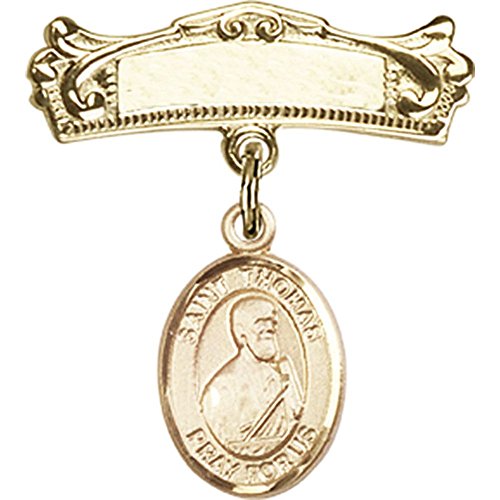 14kt Yellow Gold Baby Badge with St. Thomas the Apostle Charm and Arched Polished Badge Pin 7/8 X 3/4 inches