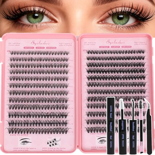 Lash Clusters Kit, Eyelash Clusters Individual Lash Extension Kit 480 Pcs D Curl Fluffy Wispy False Eyelashes Extensions Thin Band with Bond Seal Tweezers Brush Removers (30D+40D KIT 9-16mm)
