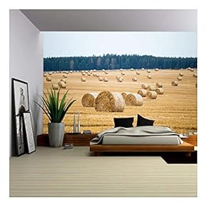 Hay Bales on The Field After Harvest - Removable Wall Mural | Self-Adhesive Large Wallpaper - 66x96 inches