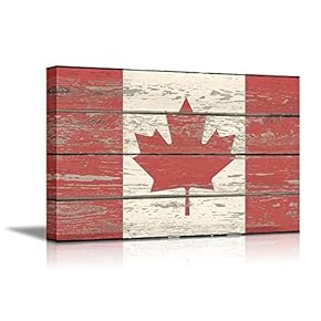 Flag of Canada on Vintage Wood Board Background Stretched